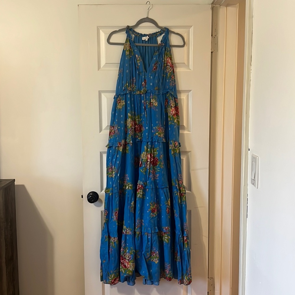 NWOT House of Harlow Blue Maxi with Roses, Ruffle Detail and Metallic Dots - Med